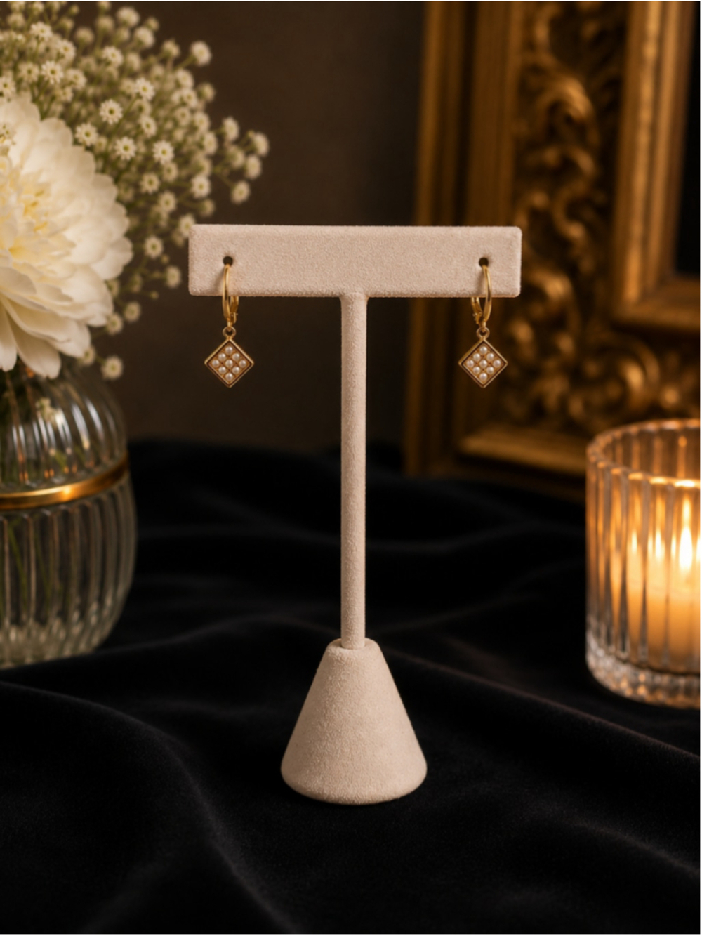 Vintage Gold Tone Faux Pearl Geometric Drop Earrings